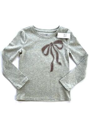NWT GAP Girls Sparkly Bow Gray Long Sleeve Tee, Size XS (4-5)